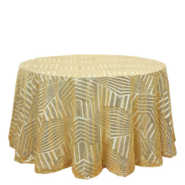 120" Gold Seamless Diamond Glitz Sequin Round Tablecloth for 5 Foot Table With Floor-Length Drop