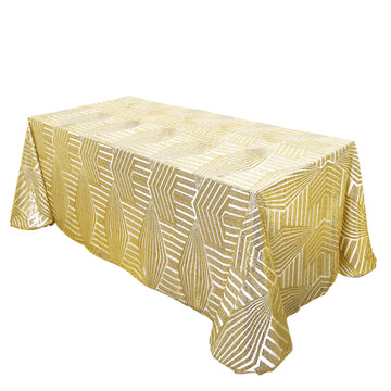 90"x132" Gold Seamless Diamond Sequin Rectangular Tablecloth for 6 Foot Table With Floor-Length Drop