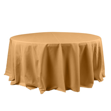 120" Gold Seamless Polyester Round Tablecloth for 5 Foot Table With Floor-Length Drop