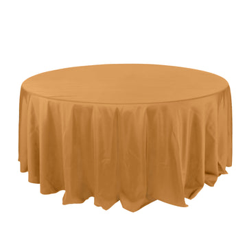 132" Gold Seamless Polyester Round Tablecloth for 6 Foot Table With Floor-Length Drop