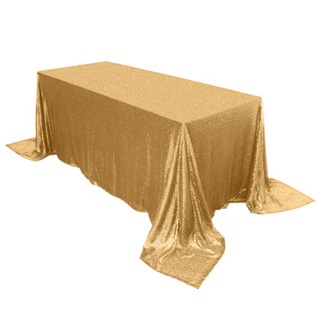 90"x132" Gold Seamless Premium Sequin Rectangle Tablecloth for 6 Foot Table With Floor-Length Drop
