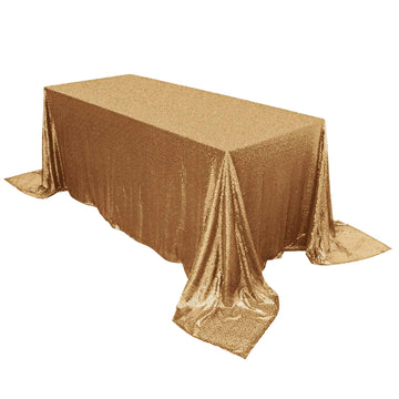 90"x132" Gold Seamless Premium Sequin Rectangle Tablecloth for 6 Foot Table With Floor-Length Drop