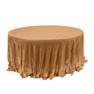 120" Gold Seamless Premium Sequin Round Tablecloth for 5 Foot Table With Floor-Length Drop