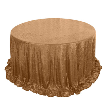 132" Gold Seamless Premium Sequin Round Tablecloth, Sparkly Tablecloth for 6 Foot Table With Floor-Length Drop