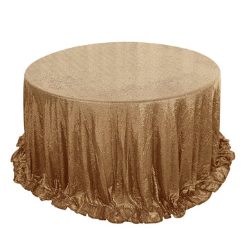 132" Gold Seamless Premium Sequin Round Tablecloth, Sparkly Tablecloth for 6 Foot Table With Floor-Length Drop