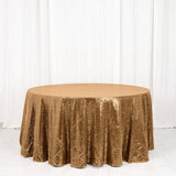 120" Gold Seamless Premium Sequin Round Tablecloth for 5 Foot Table With Floor-Length Drop