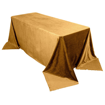 90"x132" Gold Seamless Premium Velvet Rectangle Tablecloth, Reusable Linen for 6 Foot Table With Floor-Length Drop