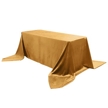 90"x156" Gold Seamless Premium Velvet Rectangle Tablecloth, Reusable Linen for 8 Foot Table With Floor-Length Drop