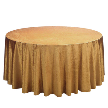 120" Gold Seamless Premium Velvet Round Tablecloth, Reusable Linen for 5 Foot Table With Floor-Length Drop