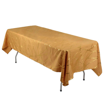 60"x102" Gold Seamless Rectangle Polyester Tablecloth With Gold Foil Geometric Pattern