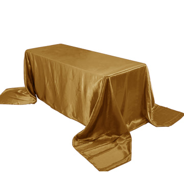 90"x156" Gold Seamless Satin Rectangular Tablecloth for 8 Foot Table With Floor-Length Drop