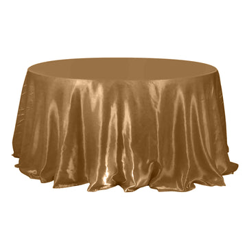 132" Gold Seamless Satin Round Tablecloth for 6 Foot Table With Floor-Length Drop