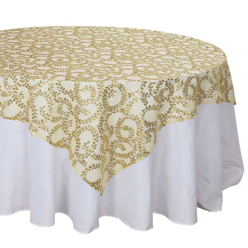 72"x72" Gold Sequin Leaf Embroidered Seamless Tulle Table Overlay, Square Sheer Table Topper