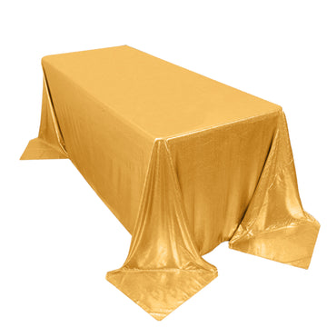 90"x132" Gold Shimmer Sequin Dots Polyester Tablecloth, Wrinkle Free Sparkle Glitter Table Cover for 6 Foot Table With Floor-Length Drop
