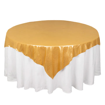 72"x72" Gold Shimmer Sequin Dots Square Polyester Table Overlay, Wrinkle Free Sparkle Glitter Table Topper