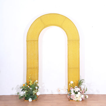 8ft Gold Spandex Fitted U-Shaped Wedding Arch Cover With Shimmer Tinsel Finish, Double-Sided Open Arch Backdrop Slipcover
