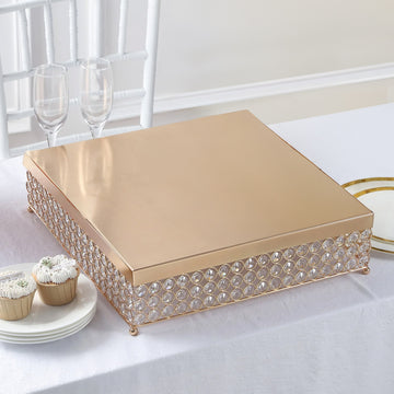 16” Gold Square Crystal Beaded Metal Cake Stand, Dessert Pedestal