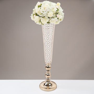 2 Pack Gold 40” Tall Crystal Beaded Trumpet Vase Set, Table Centerpiece