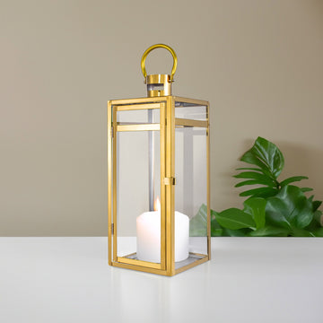 22" Gold Vintage Top Stainless Steel Candle Lantern Centerpiece Outdoor Metal Patio Lantern
