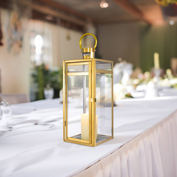 17" Gold Vintage Top Stainless Steel Candle Lantern Centerpiece Outdoor Metal Patio Lantern