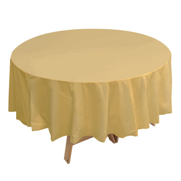 84" Gold Waterproof Plastic Tablecloth, PVC Round Disposable Table Cover