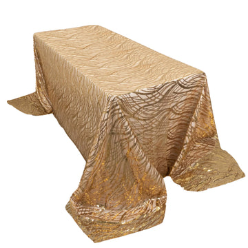 90"x156" Gold Wave Mesh Rectangular Tablecloth With Embroidered Sequins for 8 Foot Table With Floor-Length Drop