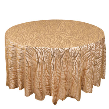 120" Gold Wave Mesh Round Tablecloth With Embroidered Sequins for 5 Foot Table With Floor-Length Drop