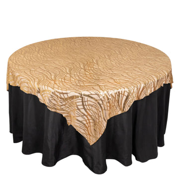 72"x72" Gold Wave Mesh Square Table Overlay With Embroidered Sequins