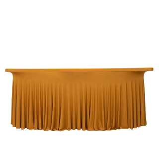 Add Elegance to Your Event with the Gold Wavy Spandex Fitted Rectangle 1-Piece Tablecloth Table Skirt