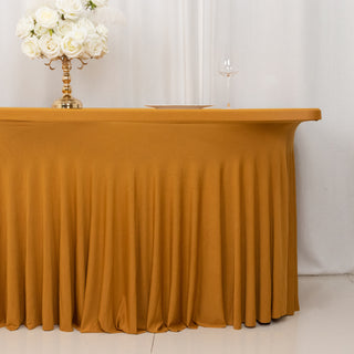 Enhance Your Event Décor with the Gold Wavy Spandex Fitted Table Skirt