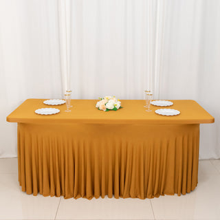 Achieve a Stylish and Ruffled Look with the Gold Wavy Spandex Fitted Rectangle 1-Piece Tablecloth Table Skirt