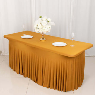 Add Elegance to Your Event with the Gold Wavy Spandex Fitted Rectangle 1-Piece Tablecloth Table Skirt