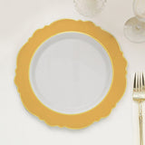 10 Pack | 10inch Gold / White Disposable Dinner Plates With Round Blossom Design With Gold Rim