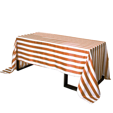 90"x156" Gold White Seamless Stripe Satin Rectangle Tablecloth for 8 Foot Table With Floor-Length Drop