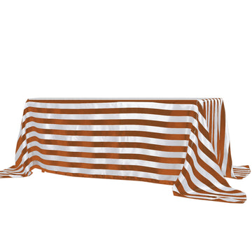 90"x132" Gold White Seamless Stripe Satin Rectangle Tablecloth for 6 Foot Table With Floor-Length Drop