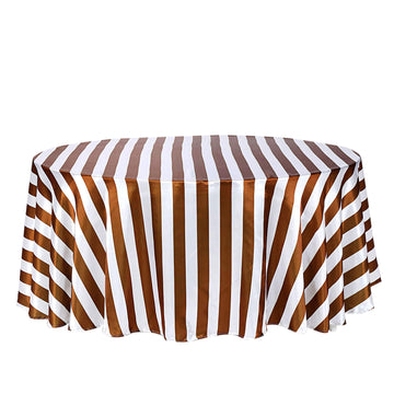 120" Gold White Seamless Stripe Satin Round Tablecloth for 5 Foot Table With Floor-Length Drop