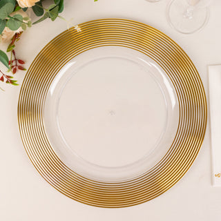 Elevate Your Table Setting with Clear/Gold Lined Rim Disposable Wedding Charger Plates