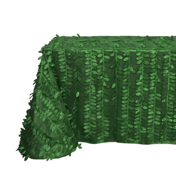 90"x156" Green 3D Leaf Petal Taffeta Fabric Seamless Rectangle Tablecloth for 8 Foot Table With Floor-Length Drop