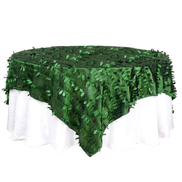 90"x90" Green Leaf Petal Taffeta Table Overlay, Square Tablecloth Topper