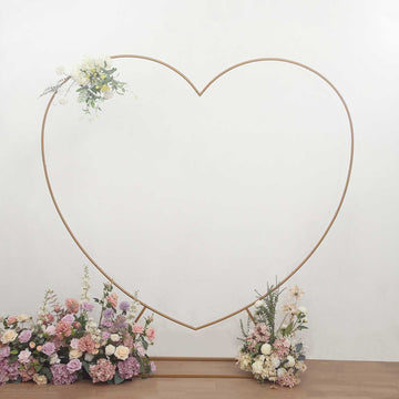 7ft Heavy Duty Gold Metal Heart Shape Photo Backdrop Stand, Wedding Arch Floral Balloon Frame with Sturdy Rectangular Base
