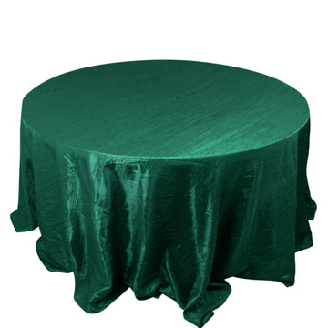 132" Hunter Emerald Green Accordion Crinkle Taffeta Seamless Round Tablecloth for 6 Foot Table With Floor-Length Drop
