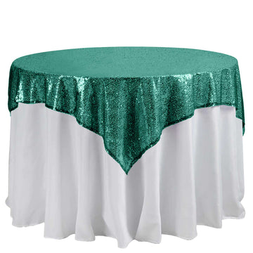 60"x60" Hunter Emerald Green Duchess Sequin Square Table Overlay