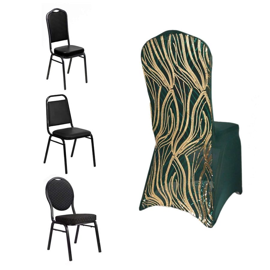 Hunter Emerald Green Gold Spandex Fitted Banquet Chair Cover With Wave Embroidered Sequins