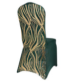 Hunter Emerald Green Gold Spandex Fitted Banquet Chair Cover With Wave Embroidered Sequins#whtbkgd