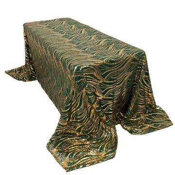 90"x156" Hunter Emerald Green Gold Wave Mesh Rectangular Tablecloth With Embroidered Sequins for 8 Foot Table With Floor-Length Drop