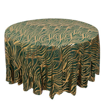 120" Hunter Emerald Green Gold Wave Mesh Round Tablecloth With Embroidered Sequins for 5 Foot Table With Floor-Length Drop