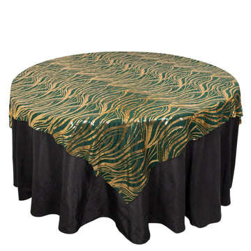 72"x72" Hunter Emerald Green Gold Wave Mesh Square Table Overlay With Embroidered Sequins