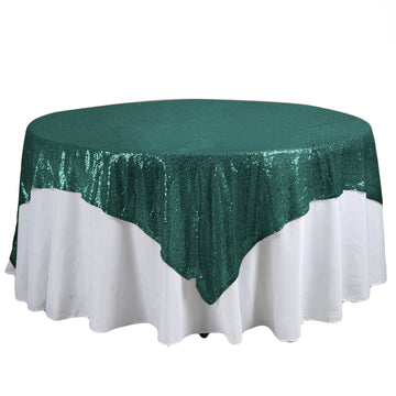 90"x90" Hunter Emerald Green Premium Sequin Square Table Overlay, Sparkly Table Overlay