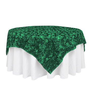 72"x72" Hunter Emerald Green 3D Rosette Satin Table Overlay, Square Tablecloth Topper