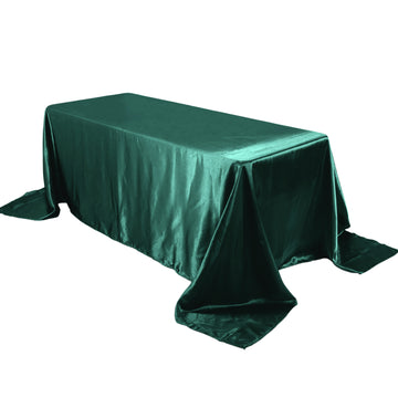 90"x132" Hunter Emerald Green Satin Seamless Rectangular Tablecloth for 6 Foot Table With Floor-Length Drop